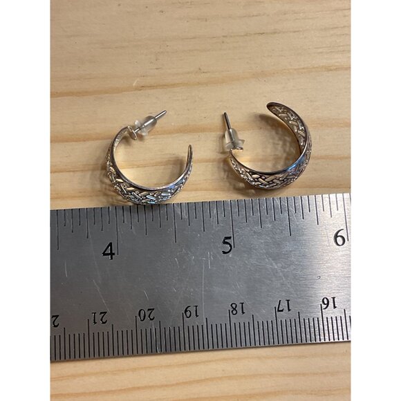 Vintage Silver Crescent Hoop Earrings With Intricate Cutout Design - Picture 2 of 5